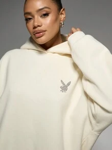 Missguided x Playboy Rhinestone Bunny Logo Hoodie Dress Oversized Streetwear Fall Winter Sweater With Crystal Embellishments Holiday Party Casual Loungewear - White - View 4