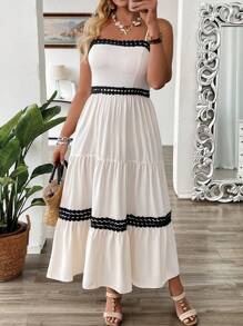 SHEIN Clasi فستان إسليب ماكسي بتصميم الدانتيل والألوان المتناقضة المناسب للمقاسات الكبيرة، صيفي - لون مشمشي - مشاهدة 4