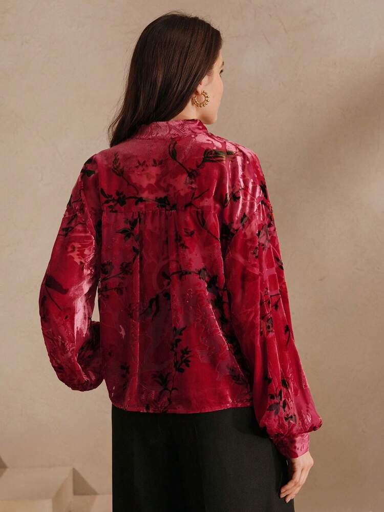 Retro Palace Style Flocked Printed Shirt, Vintage Velor Loose Flowy Top For Women