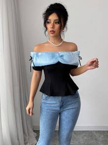 Elenzga 纹理材质混合欧根纱露肩蝴蝶结优雅女式衬衫 - 黑色 - 查看 3