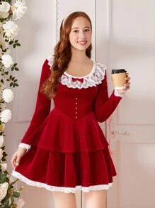 SHEIN 少女圣诞蝴蝶结珍珠纽扣蕾丝荷叶边褶皱红色连衣裙，秋冬装 - 紅白色 - 查看 1