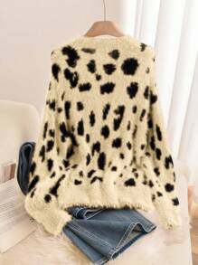 SHEIN Frenchy Plus Size Women's Leopard Pattern Fluffy Warm Pullover Sweater - Yellow - View 2