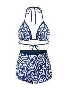 Swim SPRTY 2pcs Spring Break Fashion SPRTY Contrast Binding Wave Print Women Swimwear Set - Multicolor - View 6