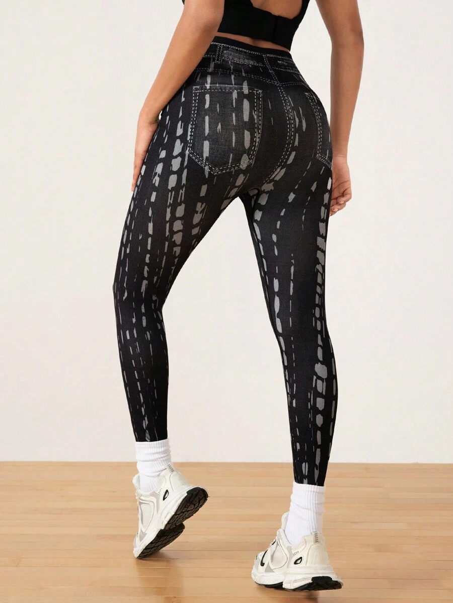 SHEIN Sports Women High Waist Denim Effect Leggings - Black - View 1