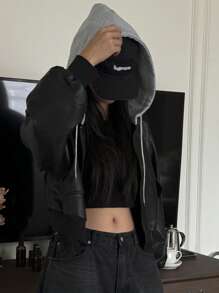 DAZY Women's Casual Contrast Color Dropped Shoulder Long Sleeve Zipper Front Hooded Loose Jacket, Spring And Autumn Leather Jacket