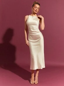 L'Amorae 优雅纯色缎面扭纹细节情人节中长连衣裙。女士春季服装 = - 杏色 - 查看 1