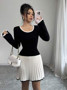 Elenzga U-Neck Color Block Knit Sweater Dress With Youthful Look - Multicolor - View 3