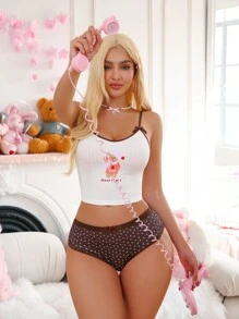 PetitDoll 2pcs/Set Women's Colorblock Bow Decor Lingerie Set