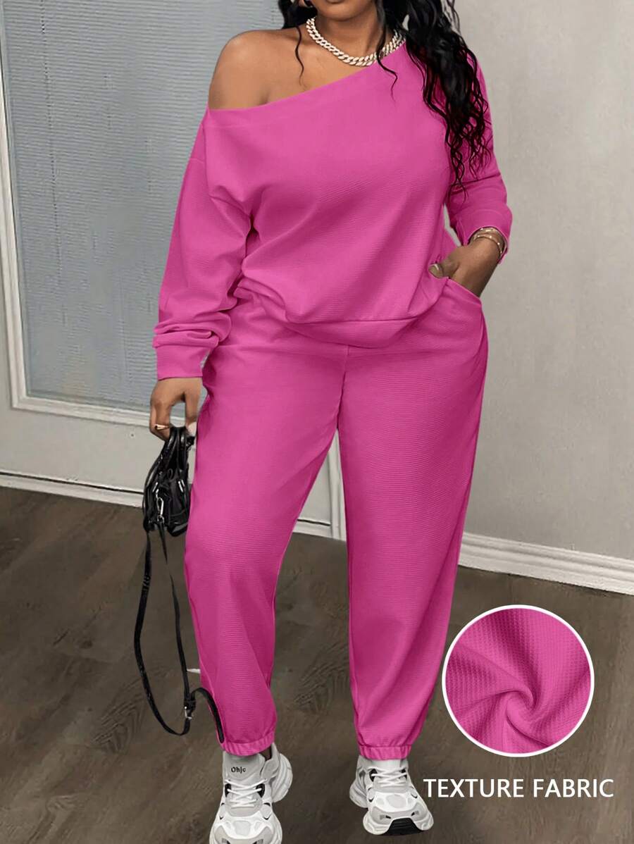 Slaydiva 2pcs Women Plus Size Basic Solid White Fitted Asymmetric Neck Top And Straight Leg Pants, Cross Rib Knit Fabric, Casual & Home Wear, Spring/Autumn