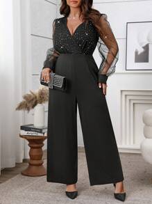 SHEIN Clasi 女式加大码纯色 V 领水钻网眼拼布派对/情人节/休闲优雅长袖连体衣，春/夏 - 黑色 - 查看 6