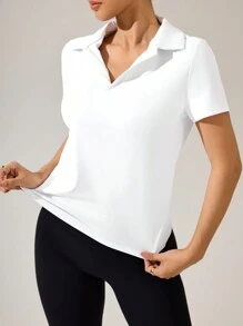 SHEIN Sport Studio 1 pieza Camisa polo deportiva de cuello en V blanco sólido para mujer para tenis y golf