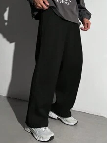 SHEIN 青少年男孩 1 件休闲时髦酷嘻哈风格宽松针织休闲街头潮流复古学院风格长压褶运动裤返校节；文艺复兴；秋季服装；青少年男孩服装；机场；鸡尾酒会； - 黑色 - 查看 1