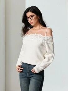 EastFlair Camiseta de punto hombros descubiertos con encaje en unicolor elegante para mujer, otoño - Blanco - Ver 5