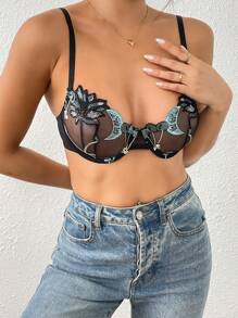 1pc Embroidery Padded Lingerie Brassiere With Underwire For Women