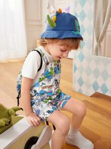 SHEIN 2pcs/Set Young Boy Loose Comfortable Bib Pants With Backpack, Casual Cute Dinosaur Printed, Suitable For School, Sports, Outdoor Activities, Fit For 4-7 Years Old Kids - Multicolor - View 6