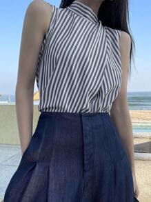 DAZY Comfortable City-Style Striped Sleeveless Blouse For Women, Summer - Grey - View 5
