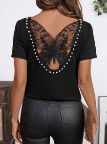 SHEIN Clasi Áo thun hở lưng tay ngắn hở lưng họa tiết ren bướm đan len dành cho nữ mùa xuân/hè - màu đen - Xem 4