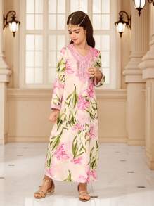 SHEIN Tween Girls Floral Print Contrast Lace Long Sleeve Loose Dress - Multicolor - View 1