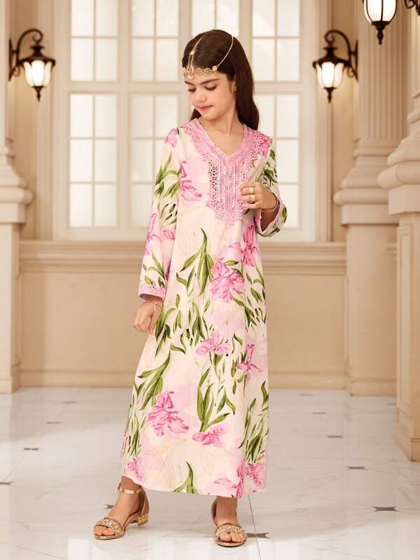 SHEIN Vestido suelto de manga larga con estampado floral y encaje de contraste para niñas preadolescentes
