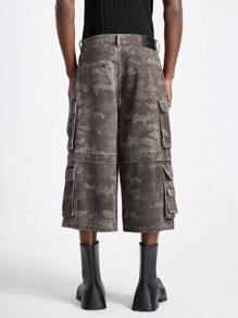 NEON BLANC 男士街头风格编织阔腿裤，带 3D 口袋、七分短裤 - 棕色 - 查看 2