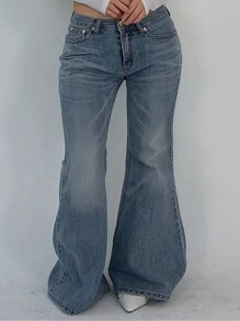 Dazy Plus Washed Distressed Flare Leg Long Denim Jeans - Light Wash - View 9