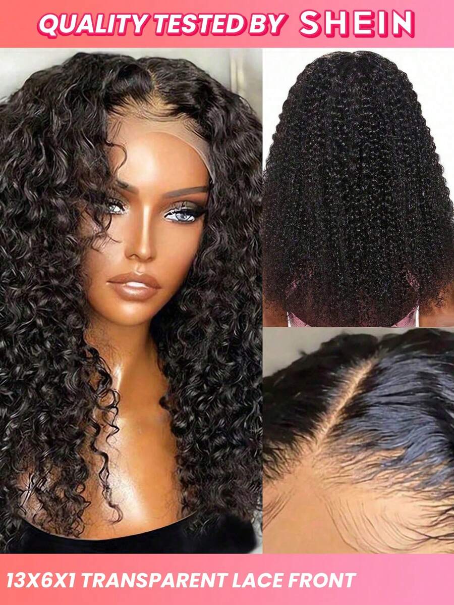 Transparent Lace Kinky Curly T Part Lace Wigs Real Human Hair Lace Frontal Closure Wigs With Front Baby Hair Pre Plucked Natural Hairline Wig Natural Black Color