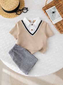 SHEIN 2pcs Baby Boy Casual School Style Short Sleeve Top And Shorts Set, Suitable For Summer, Suitable For Birthday Party, Evening Party, Performance, Wedding, Baby Shower, 1 Year Old Celebration