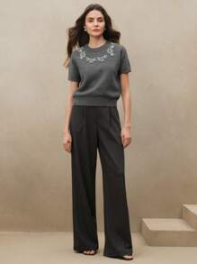 Anewsta Handcrafted Beaded & Rhinestone Embroidered Knit Sweater - Dark Grey - View 6