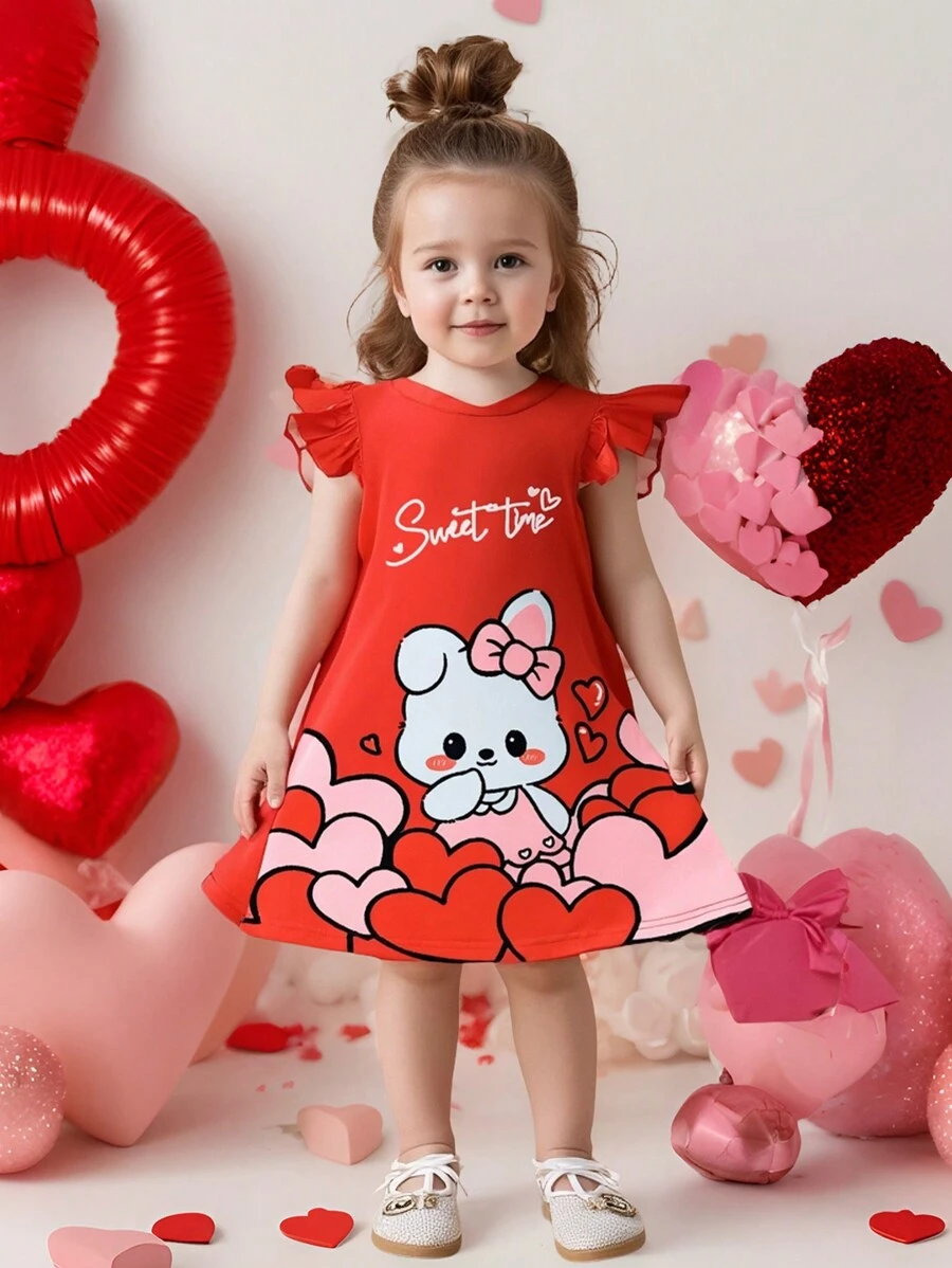 SHEIN Young Girl Rabbit Cartoon & Heart Pattern A-Line T-Shirt Dress For Valentine's Day - Multicolor - View 1