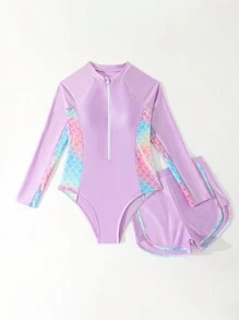 SHEIN Tween Girl Cute Mermaid Scale Print Front Zipper Long Sleeve Swimsuit With Swim Shorts Set, Suitable For Holiday, Swimwear, Surfing, Beach, Pool - Multicolor - View 5