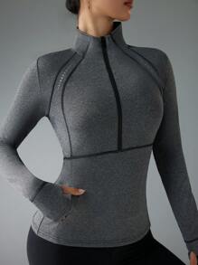 Easithlete Women Zip-Up Pullover Sweatshirt With Thumb Hole - Dark Grey - View 5