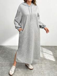 SHEIN Essnce Plus Size Women's Autumn And Winter Casual Fashion Loose Basic Long Sleeve Black Hooded Sweater Pocket Long Dress, Conservative Dress,Fall Women Clothes,Winter Women Dress