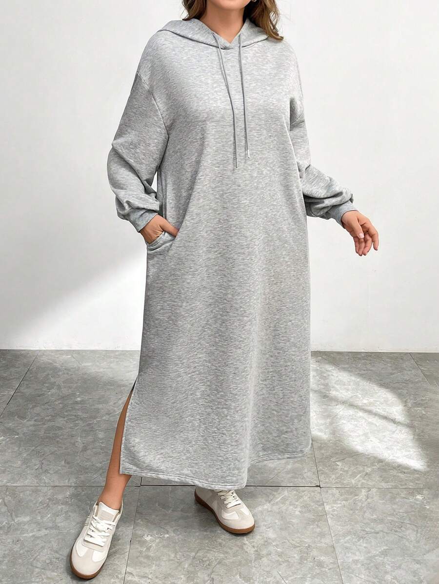 SHEIN Essnce Plus Size Women's Autumn And Winter Casual Fashion Loose Basic Long Sleeve Black Hooded Sweater Pocket Long Dress, Conservative Dress,Fall Women Clothes,Winter Women Dress