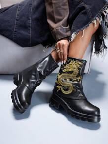 CUCCOO GRLICON 女式中筒靴，Y2K 风格，朋克摇滚，机车风，酷女孩装，适合万圣节、圣诞节和派对 - 黑色 - 查看 7