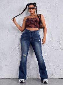 SHEIN EZwear Plus Size Women Pocket Distressed Flare Jeans