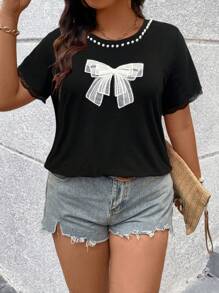 SHEIN LUNE Plus Size Women Casual Cute Beads Collar/Bow Print Graphic Black T-Shirt - Black - View 6