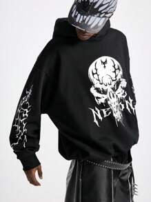 NEON BLANC Sudadera con capucha de manga larga y estampado de letras, estilo urbano para hombre, para otoño e invierno - Negro - Ver 5