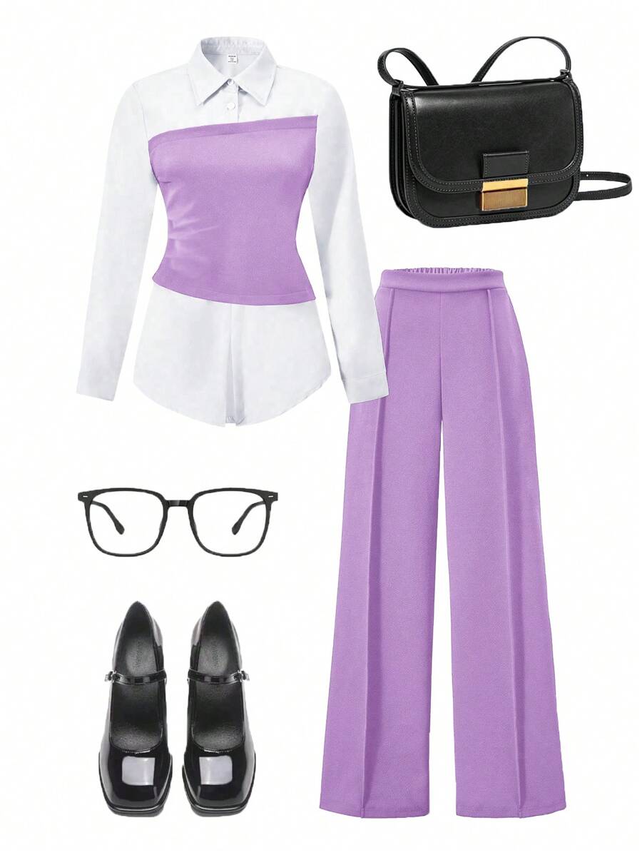 SHEIN 2 件套休闲都市拼接色块二合一衬衫和阔腿裤套装，适合青少年女孩