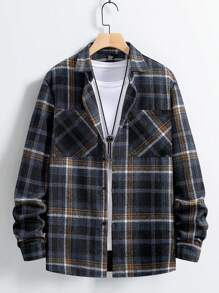 Manfinity Homme Giacca camicia casual da uomo con bottoni frontali, maniche lunghe e tasche, a quadri