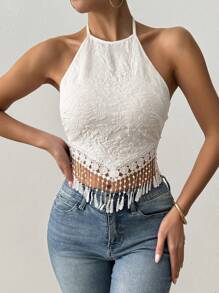 Chiquease Women's Halter Neck Tie Back Fringe Hem Casual Top, Daily Wear - White - View 3