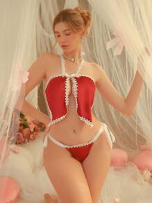 DelicateAllure 2 stuks elegante satijnen geborduurde veterstrik lingerieset, romantisch en sexy damesondergoed, bordeauxrood