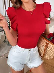 SHEIN LUNE Women's Casual Fitted Cap Sleeve Knit Sweater, Versatile, Valentine's Day Couple Red Spring Crop Top, Summer, For Gifts New Year - Red - View 3