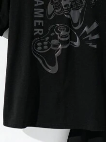 SHEIN 2pcs/Set Tween Boy Casual Loose Gaming Graphic Glow In The Dark Short Sleeve Tee And Shorts Set, Suitable For Commuting, School, Casual, Sports, Spring/Summer - Black - View 8