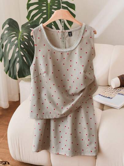 CosyJoli Set de 2 piezas de top casual sin mangas con cuello redondo y falda con estampado de corazón, tallas grandes, para verano