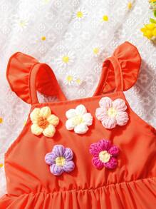 SHEIN Babygirl 橙色彩色 3D 花朵吊带背心裙，夏季 - 橘色 - 查看 6