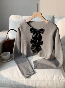 Comfortcana Cárdigan corto con lazo delantero, estilo casual de otoño - Gris - Ver 4