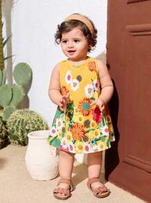 Baby Girl Mommy And Me Matching Outfits (2 Pieces Are Sold Separately)Yellow Summer Cute Floral Print Vacation Dress,For Spring/Summer