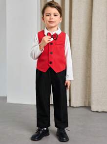 Young Boy Color Blocking Casual Gentleman Style Outfit - Shirt And Pants Set - Red - View 5