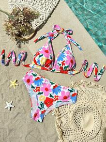 Vivid Eden Women's Neck-Tie Print Bikini Top And Bottom Bikini Set, Beach Outfit For Summer Beach Vacation - Multicolor - View 1