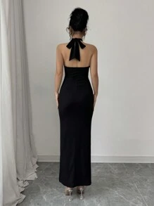 SHEIN Unity Women's Elegant Black Long Formal Dress,Halter Neck Floral Decor Bodycon Stretchy Autumn Evening Dress,Fashion Dining Fall Cloth For Women - Black - View 2